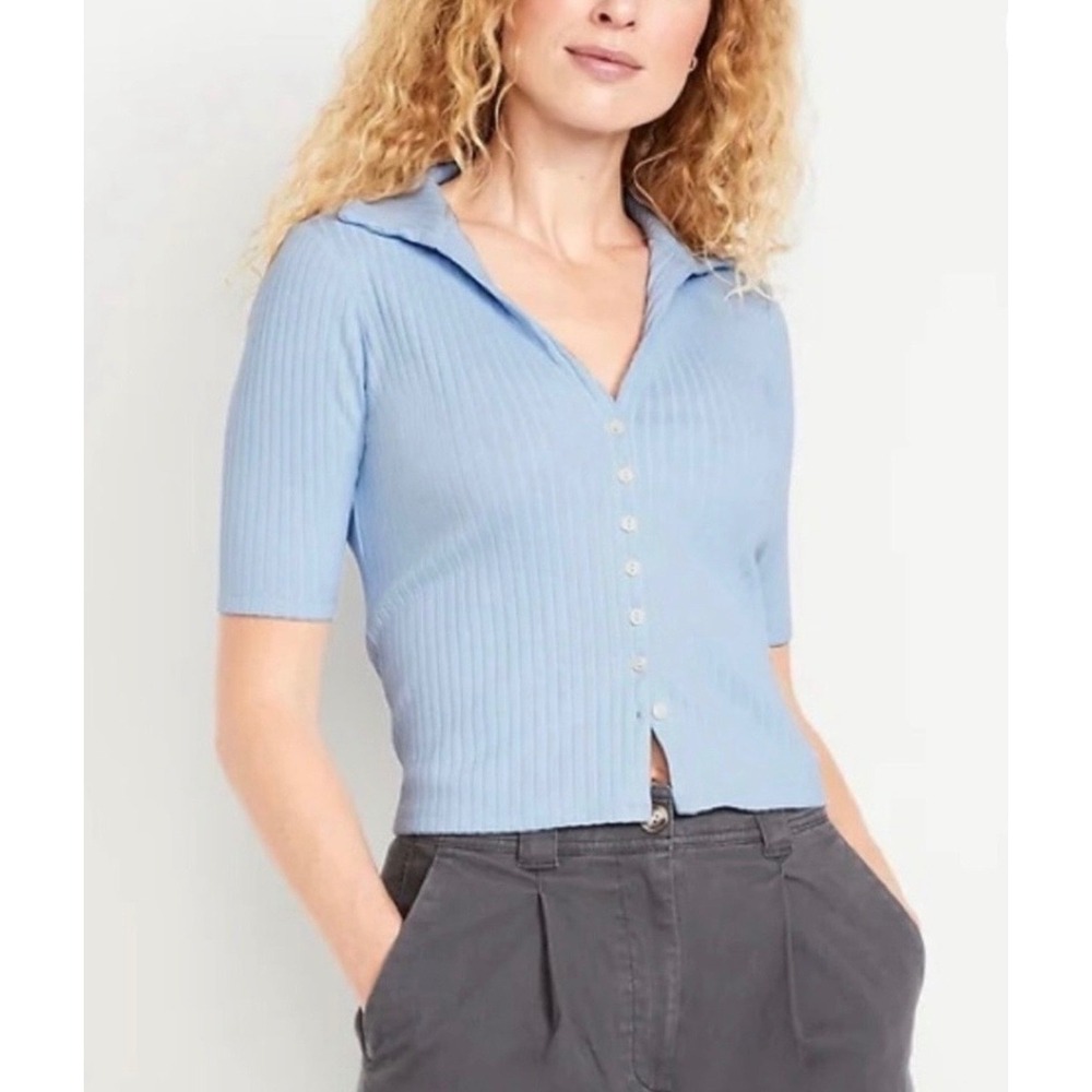 Old Navy Ribbed Polo Cardigan Womens L Tall Light Blue Button Front Knit Top NWT